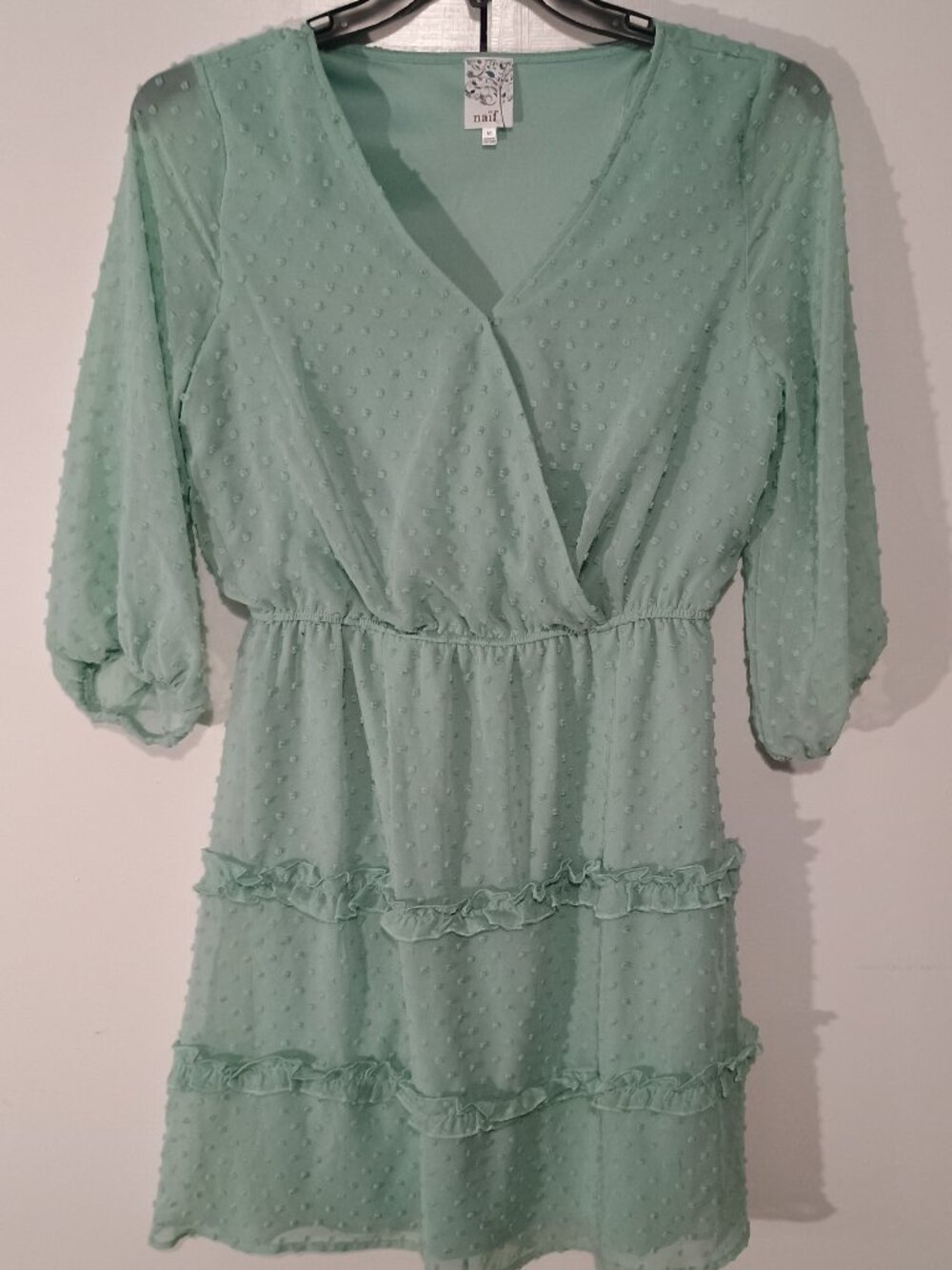 Naif Mint Green Swiss Dot Tiered Ruffle Dress Size M Boho Wrap V-Neck Cottagecor - Picture 2 of 6